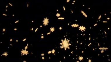 Güzel, pırıl pırıl altın kar taneleri siyah arka planda soldan sağa doğru akar. Düşen kar taneleri soyut Parçacıklar 4K Döngü Canlandırma Arkaplanı. 