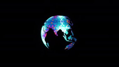 Siyah arkaplanda renkli dijital dünya dönüşünün soyut uzay görünümünü döndür. Siyah arkaplan canlandırmasında 4K 3D görüntüleme. 