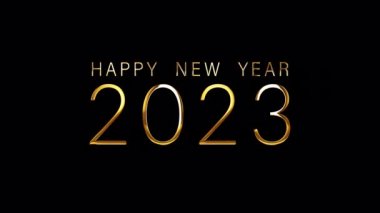 2023 Yeni Yıl Altın Metni. Siyah zemin üzerinde ışık hareketli element etkisi var. 4K pürüzsüz döngü Quicktime 444 kullanarak alfa kanallı şeffaf video animasyon metni