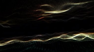 Soyut ağ örgüsü rengarenk fütüristik parçacık dijital soyut teknoloji. Parıldayan dalga parçacıkları siyah zemin üzerinde akıyor. Dijital veri akışının hareketi. Büyük veri arkaplanı 