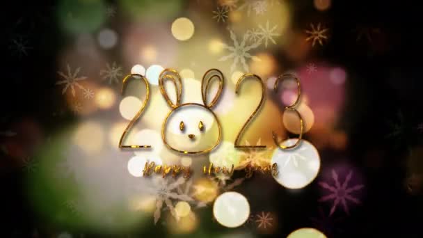 Pętla 2023 Szczęśliwego Nowego Roku Błyszczący Tekst Króliczą Twarzą Kolorowymi — Wideo stockowe