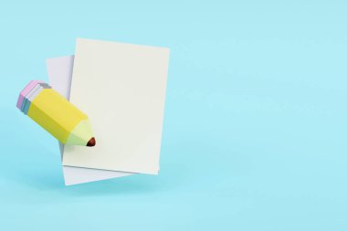Yellow pencil and white sheets 3d render