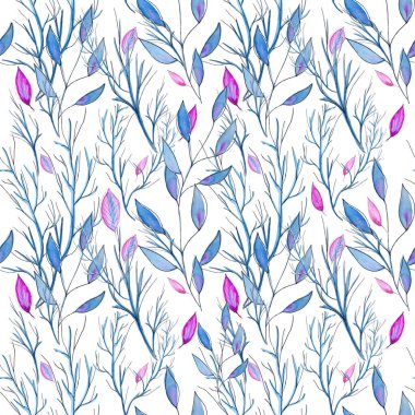 Kış kusursuz desen. Hassas suluboya arka plan. Yapraklar ve dallar beyaz bir arka planda birbirine dolanmıştır. Kumaş, tekstil ve giysi baskısı. Mavi, pembe, mor gölgeler.