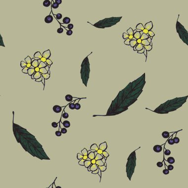 Kusursuz çiçek deseni, yeşilimsi arka plan, kumaş baskısı. Kuş vişneli meyve ve yapraklar.
