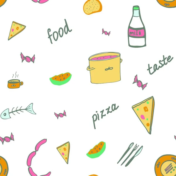 Seamless pattern about food. Milk, plate, sausages, pizza, cutlery, cup with a drink, candy, bread, watermelon are drawn. For decorating the cafe.