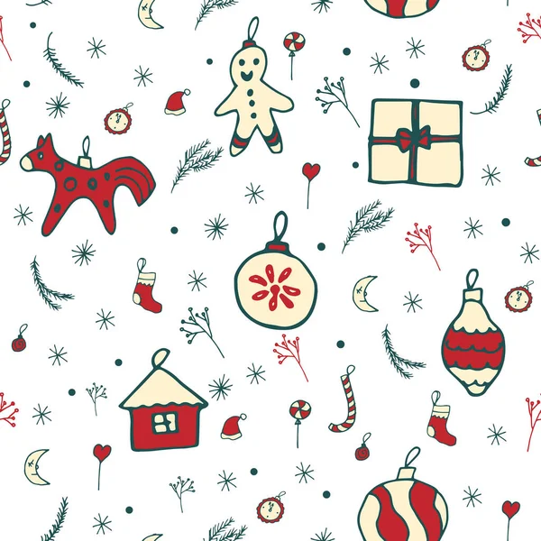 Vánoční pozadí. Silvestrovské hračky, sváteční dekorace. Vzor pro balení dárků. Perníkář, kůň, dům, dárky, bonbóny. — Stockový vektor