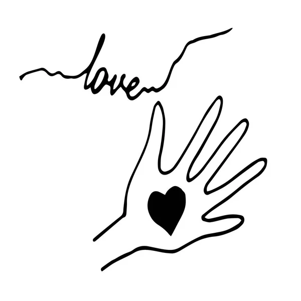 Vektorové kreslení rukou, srdce a nápis láska — Stockový vektor
