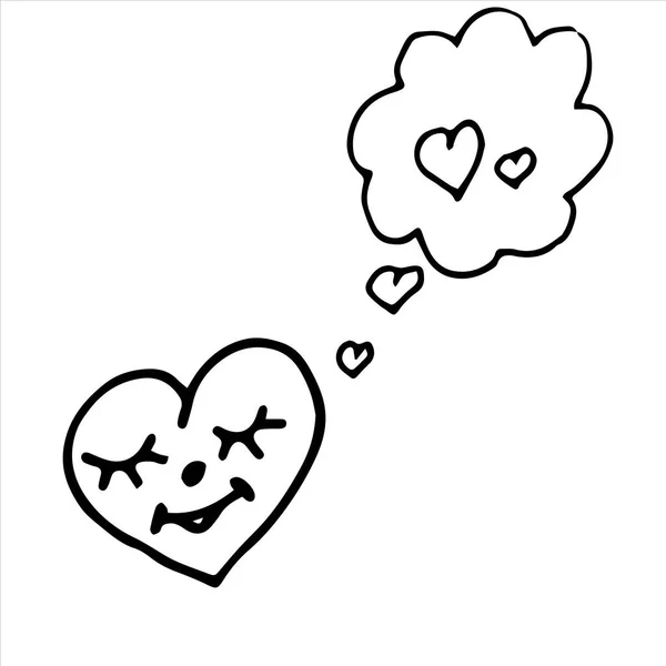 Vector doodle Heart sonríe con los ojos cerrados. Pensamientos sobre el amor. Día de San Valentín, postal. Imagen divertida de un corazón. — Vector de stock