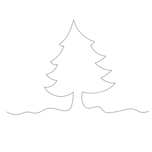 Christmas tree line. Vector continuous line drawing of a Christmas tree in the snow. A black line on a white background. New Year, holidays. — Stock Vector