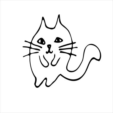 Doodle Cat elle çizilmiş bir vektördür. Komik bıyıklı çizgi film kedisi. Beyaz arkaplanda siyah karalamalar