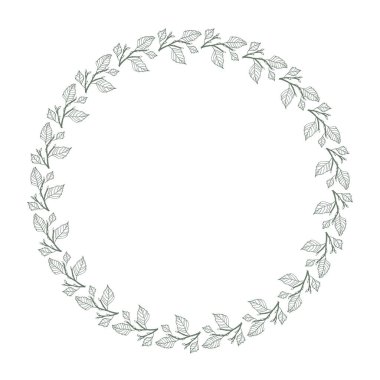 El çizimi vektör çizimi, yeşil yapraklardan oluşan yuvarlak vignette. Davetiyeler, tebrik kartları, alıntılar, bloglar, posterler ve daha fazlası için tasarım ögesi. Düğün çerçeveleri için mükemmel.