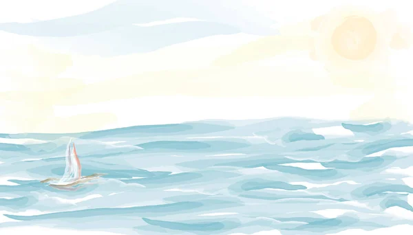 Deniz Manzaralı Çocuk Deniz Posteri Yelkenli Çizgi Film Tarzında Yaz — Stok Vektör