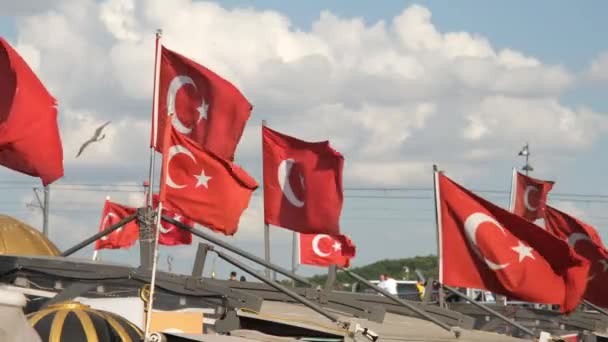 Турецкие флаги, голубое небо и облака с большим количеством турецких флагов размахивая, медленное движение — стоковое видео