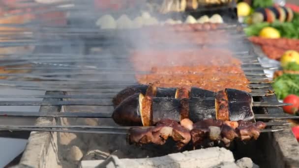 Kebap, mangalda pişen Türk kebabı. — Stok video