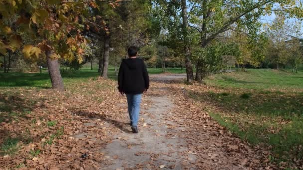 Sonbaharda yürüyüş, sonbaharda yaprakların arasında yürüyen genç adam. — Stok video
