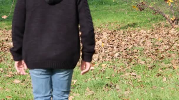 乾燥した葉の中を歩く若い男は秋に乾燥した葉の上を歩き — ストック動画