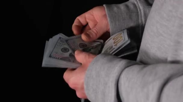 Counting dollars, man counting dollars with his hand, close up — Stock Video