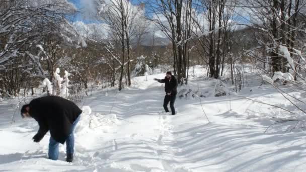 Sneeuwballen spelen in de winter — Stockvideo