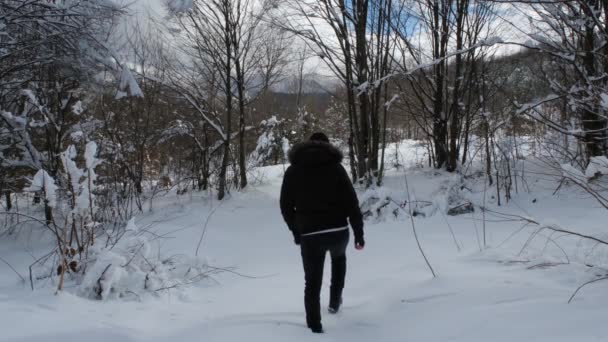 Людина прогулянки сніг — стокове відео