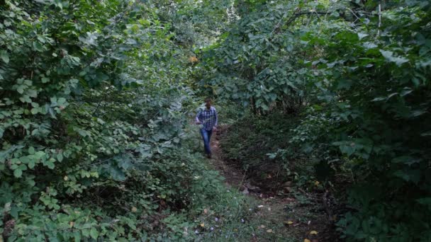 Mann läuft in dichtem Wald — Stockvideo