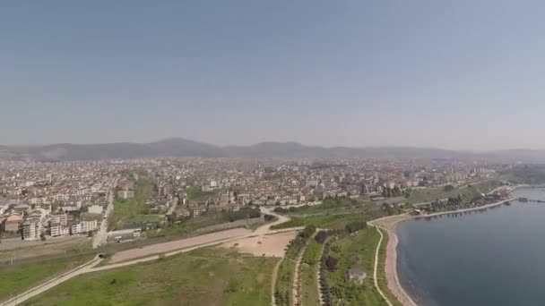 Aerial seaside, park and cityscape — Stok Video