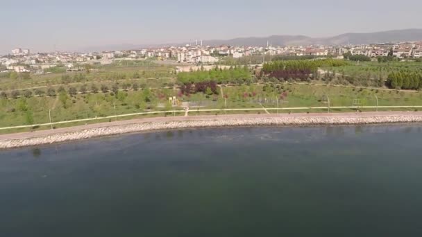 Aerial sea and public garden — стоковое видео