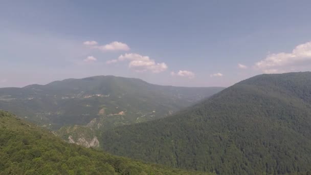 Błękitne Niebo Dużymi Górami Szerokimi Zielonymi Lasami — Wideo stockowe