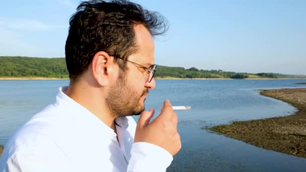 Smoking Lake White Collar Man Smoking Lake — Video