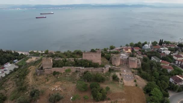 Medieval Castle Aerial Old Medieval Castle Sea New City — Stock videók