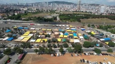 colorful tents , aerial colorful tents and cityscape