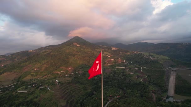 Turkish Flag Aerial Turkish Flag Green Mountains — Stockvideo