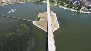 medieval bridge, aerial medieval stone bridge on lake