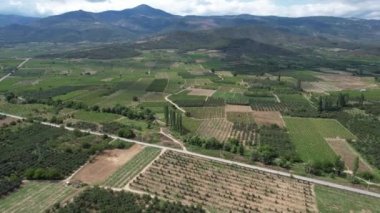  farmland fields, aerial shot agricultural plain at the base of the mountains