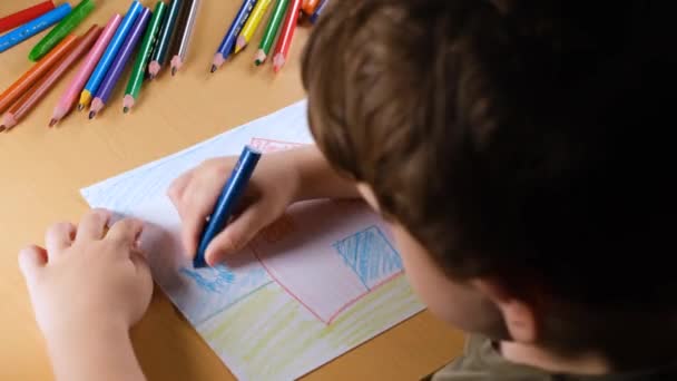Child Coloring Child Coloring Blue Pen Paper — Vídeo de stock