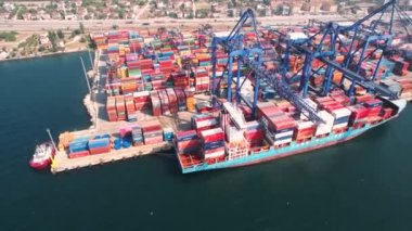 container port and ship, aerial container port and cargo ship