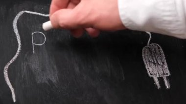 Yakın çekim uzaktan kumandalı karatahtaya tebeşirle yazılmış.
