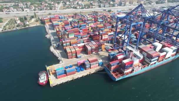 Container Port Aerial Container Port Ship Port Crane — Stock Video