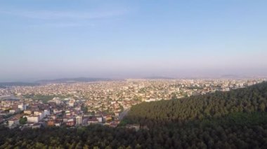 Şehir manzarası, hava manzarası ve yeşil çam ormanı, mavi gökyüzü.