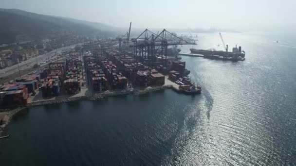 Container Port Aerial Container Port Goods Ship Crane — Stock Video