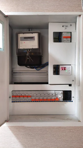 Electrical panel built into the wall, electrical work, electrical installation in the apartment