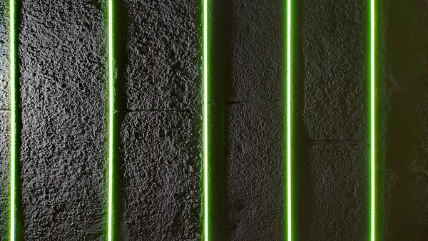 Stone wall background with green led stripes, green light strips along the wall, abstract background with green stripes, green glow, space for text, neon style