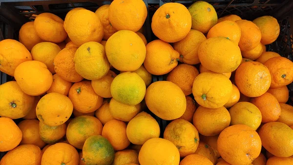 Tangerinas Uma Caixa Colheita Tangerinas Citrinos Vista Superior Monte Frutas — Fotografia de Stock