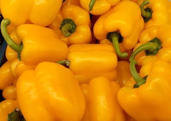 Ripe yellow peppers, bell peppers, vegetable harvest, a mound of yellow vegetables in a box, top view, food background