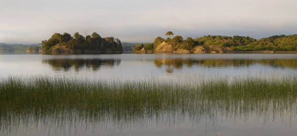 Eaux Calmes Lac Alumin Roseaux Avec Petites Îles Peuplier Villa — Photo