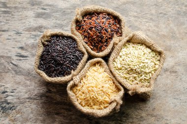 Dört çeşit kuru organik pirinç tohumu çuval içinde ahşap arka planda. Sağlıklı veya karbonhidratlı gıda malzemeleri ve tarım ürünleri konsepti için