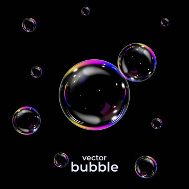 Gökkuşağı yansımalı gerçekçi şeffaf sabun köpükleri. İzole bir kompozisyon. Vektör Kabarcığı
