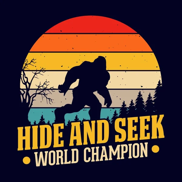隐藏并寻找世界冠军 冒险家的大脚T恤衫设计 — 图库矢量图片