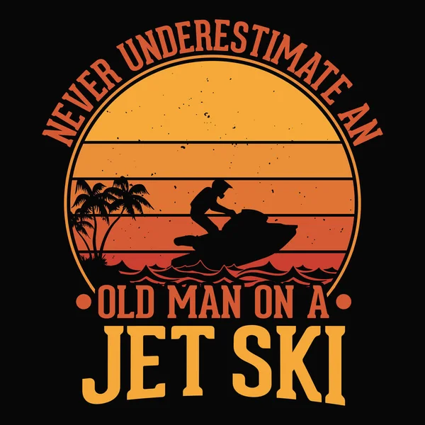 不要低估穿着水上滑雪板T恤或冒险家海报设计的老人 — 图库矢量图片