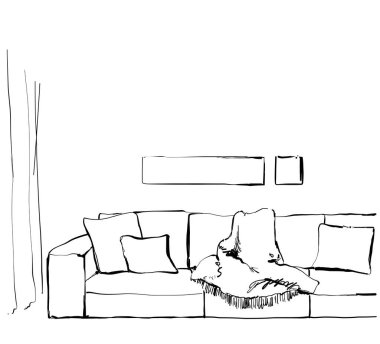 Çağdaş modern el çizimi vektör çizimi. Mobilya taslağı, kanepe.