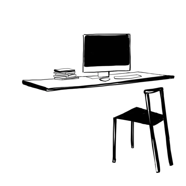 Elle çizilmiş işyeri. Sandalye ve bilgisayar kroki — Stok Vektör
